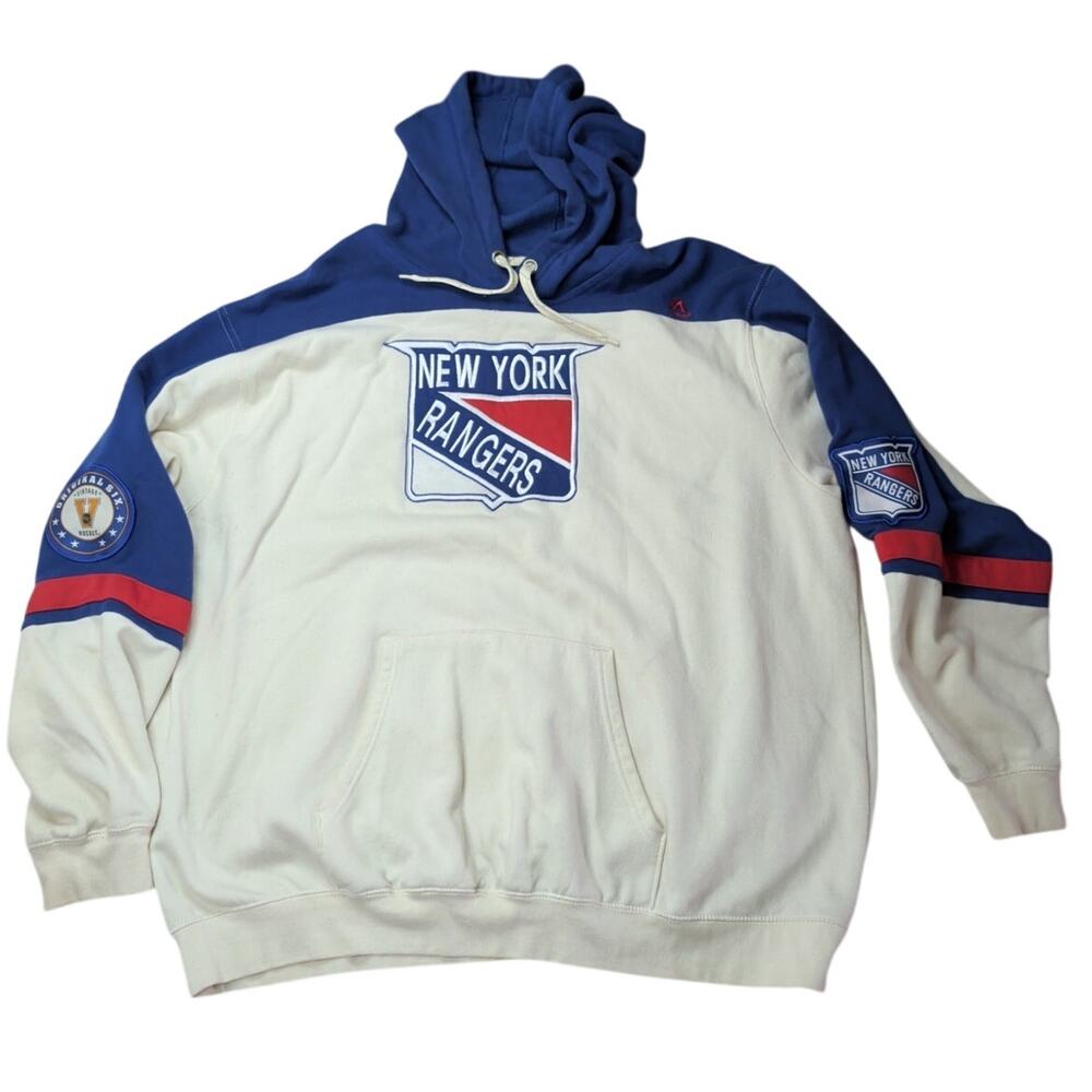 NY Rangers Majestic Vintage NHL Original Six Hooded Sweatshirt 2XL Blue White